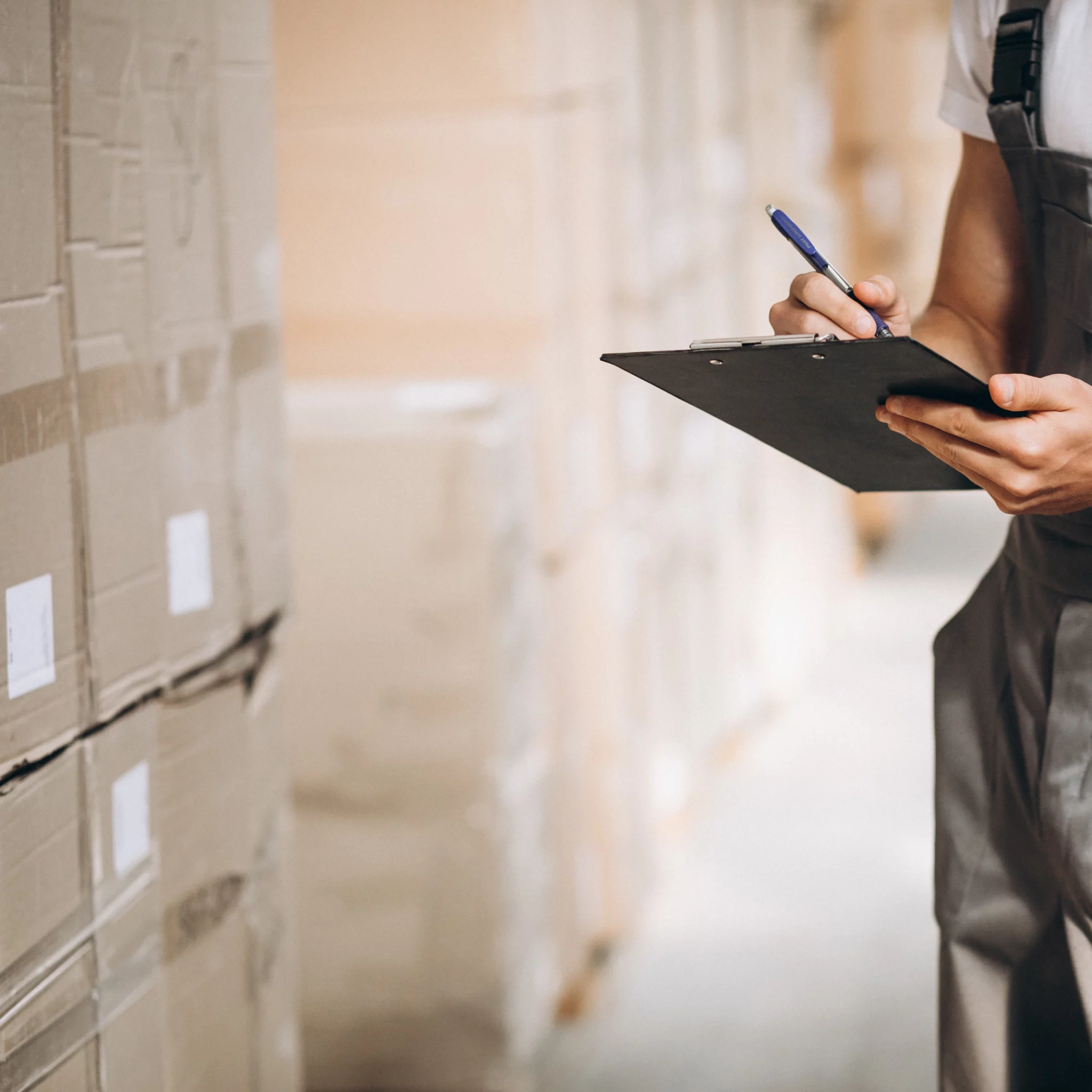 FET Warenumschlag – Effiziente Kommissionierung und Verpackungsservices Mitarbeiter mit Klemmbrett im Warenlager – FET bietet professionelle Umschlagleistungen, Kommissionierung, Sortierung und Verpackung für logistische Abläufe.